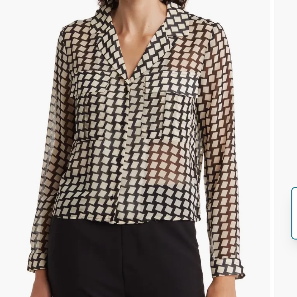 T Tahari NWT Black Cream Geometric Sheer Button Down Shirt Top XS